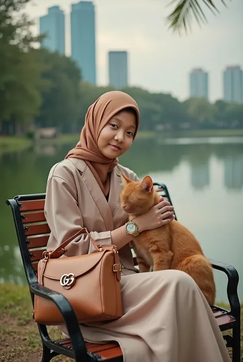 photography studio, a girl wearing a hijab with a blushing face, sitting on a park chair while stroking an orange Angora cat, wearing a Gucci robe, a Gucci bag, a Rolex watch, Dior shoes, a lake in the background and there are the city of Singapore, smile,...