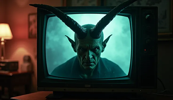 SURREAL PORTRAIT OF SATAN COMING OUT OF A TELEVISION. SOMBRIOUS ATMOSPHERE. THE OVERALL MOOD IS DREAMY AND MYSTICAL WITH INTENSE COLORS AND INTRICATE DETAILS. MEDIUM SHOT. DSLR, Cinematic Lighting, Cinematic Style, Photorealistic, RAW Photo, HDR, UHD, 64K,...