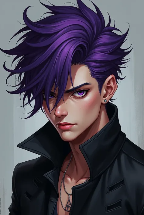 I want a character of a boy who is tough and sexy with purple hair, for a profile photo, I want him to look bad and tough but sexy 