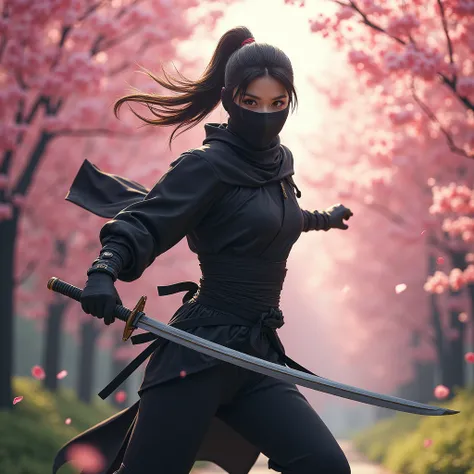 ninja woman in a sakura forest  
