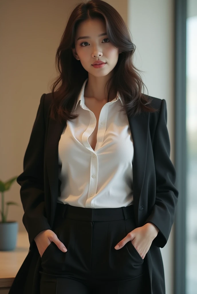 Korean female CEO and founder in her 20s. She has alluring body, and big chest. Shes wearing coat but her polo shirt is slightly tucked off, revealing her cleavage. 