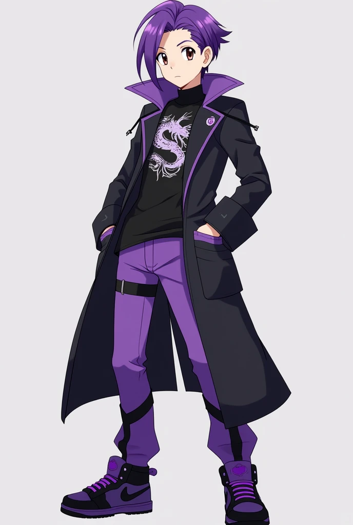 skin fair, brown dark eyes (coming to black), cabelo roxo, with purple pants with black details and pockets, wears a black coat with purple details open, showing his black shirt with a dragon element logo, like your all-black cover with this printed elemen...