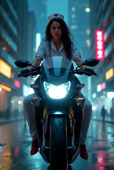 Logotype, Age 22 girl, Nursegirl on future black motorbike, night run ride background, put title " Katherine " with a besuty letters