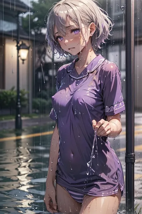 ((Soaking wet, Drenched, Alluring detailed purple eyes, depressed, raining heavily, outside, night-time, soaking wet pyjama shirt)), panties, short hair, masterpiece, nipples, defined colours and textures, perfect image, amazing detail, striped pyjama shir...