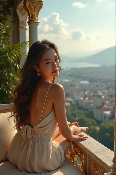 Realistic image of a beautiful girl on a luxury balcony