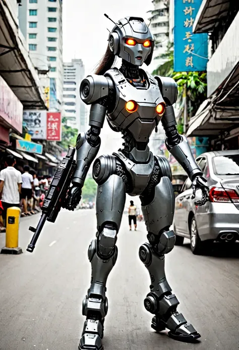 a female battle bot with a gun, she is patrolling the streets of bangkok