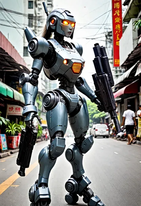 a female battle bot with a gun, she is patrolling the streets of bangkok