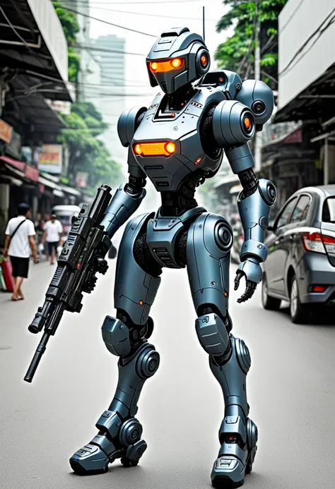 a female battle bot with a gun, she is patrolling the streets of bangkok