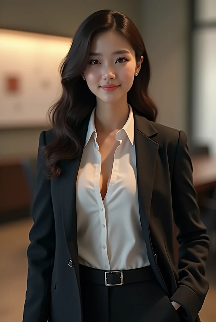 Korean female CEO and founder in her 20s. She has alluring body, and ample chest. Shes wearing coat but her polo shirt is slightly tucked off, revealing her cleavage. 