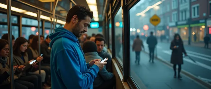 Man named Dan dressed casually on a bus full of people, where all the passengers, men , women and children, They are looking at their smartphone which lights up their face and they are wearing grey clothes, black, Brown. The rest of the world is more disco...