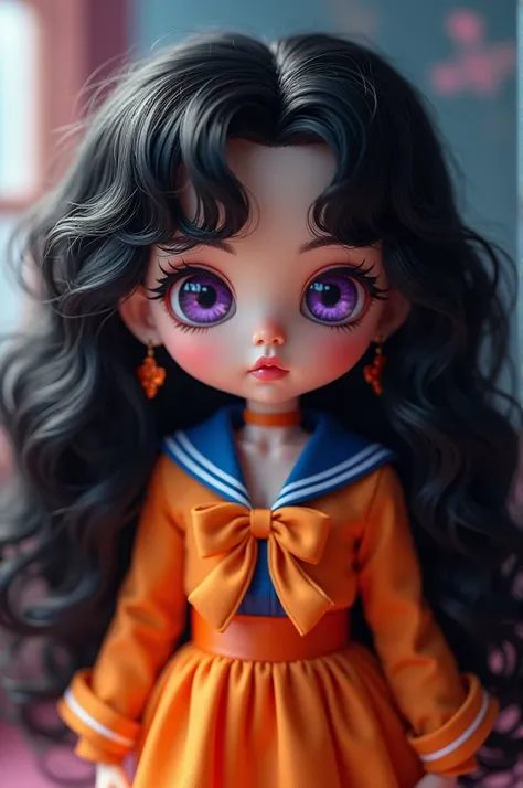 Doll with long black curly hair, purples eyes, Sailor moon anime style. Orange sailor outfit