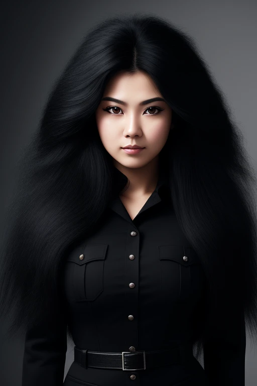 jet black hair,very long hair,lion-like hair,wolf-like hair,frizzy hair,thick hair,fluffy hair,most very heavy weight hair,most very voluminous hair,shiny jet black hair,female jail officer,black uniform,a heavy-looking uniform,black pants,1 Chinese woman,...