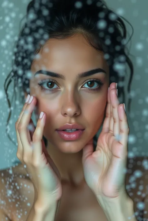 Very realistic, beautiful arab woman looking out from behind shower glass, Her face is clearly visible because the glass is foggy and wet with steam. , her hands on the glass , wipe a part of the glass ,  The image is displayed directly from the front, ima...