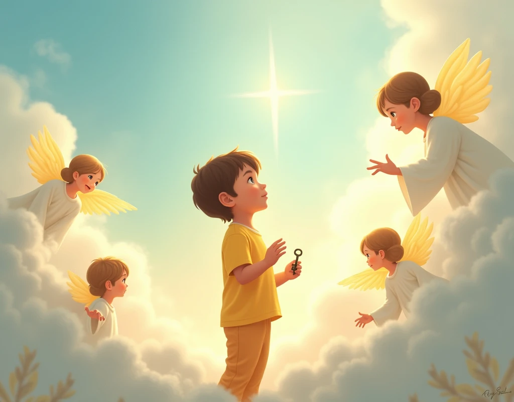 One with short brown hair, four years old, wearing a yellow t-shirt and pants holding a key, Looking at the sky, surrounded by angels.