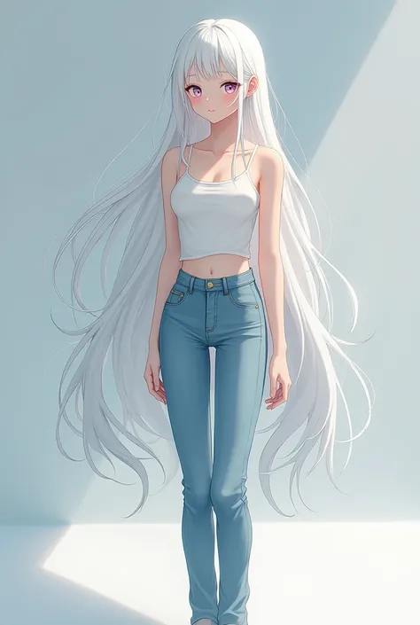 Anime girl. short jeans.narrow .White hair.Full body. standing. long hair.White skin.