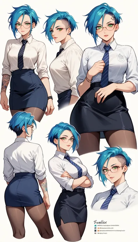 the concept character sheet of a strong, attractive, and hot office lady wearing a business suit. her face is oval, forehead is ...