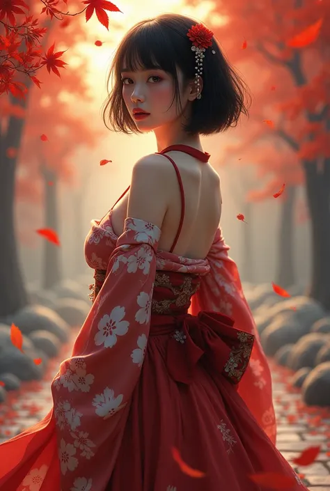 Shrine maiden, big breasts, autumn leaves, black bob hair
