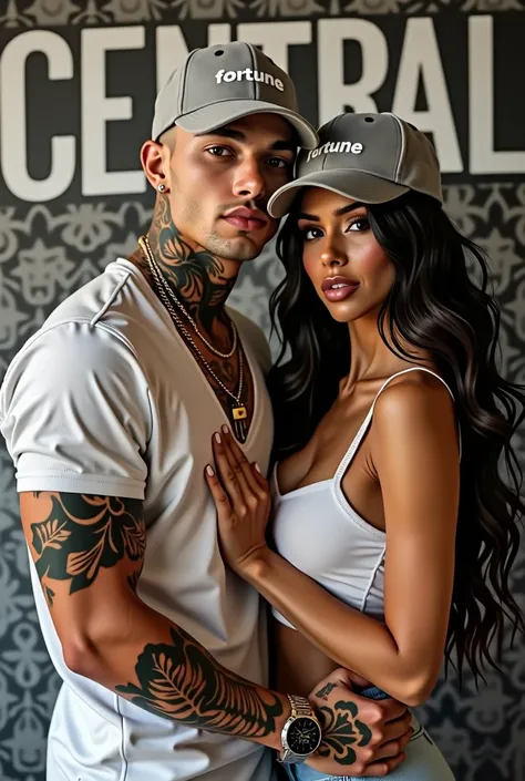 Create an image of a young and successful couple. the boy, of skin **white** and hair **rubio**, with tattoos, a watch and chain, and the girl, a Victoria&#39;s Secret model, They are hugging each other. They both wear grey caps with the word "FORTUNE". Th...