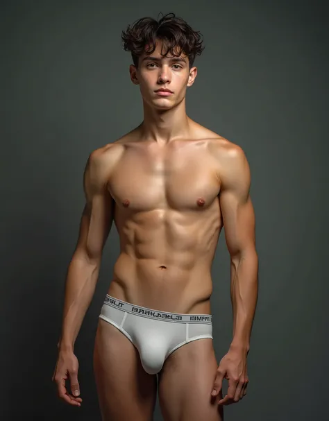 (1boy, Photorealistic:1.4, ultra realistic, best quality, 4k, masterpiece:1.2), full body photo of a cute male model wearing only small bikini brief style underwear, bulge in crotch, young teen boy, boyish face, detailed facial features, beautiful detailed...