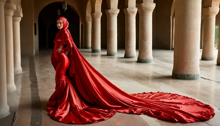 a woman shrouded in a 10-meter-long, plush red satin cloth, tightly bound and grandly draping along the form of her body, flowin...