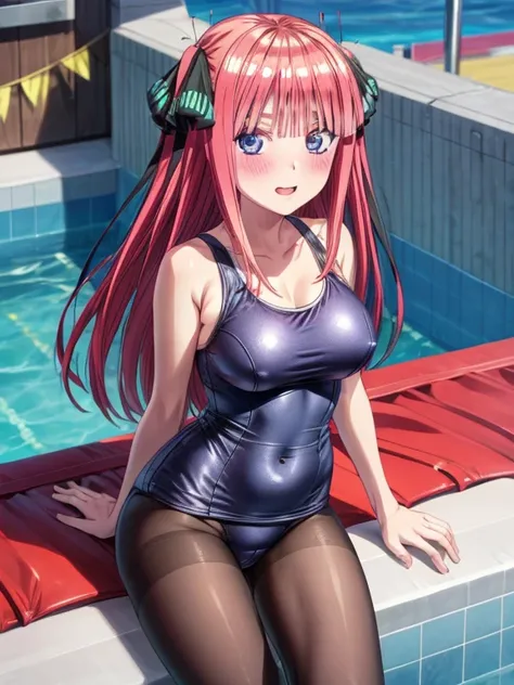 best quality, insanely detailed, nino nakano, breasts, blush, looking at viewer, cheerful eyes, arousal, one-piece swimsuit, pantyhose, roof top background, poolside background