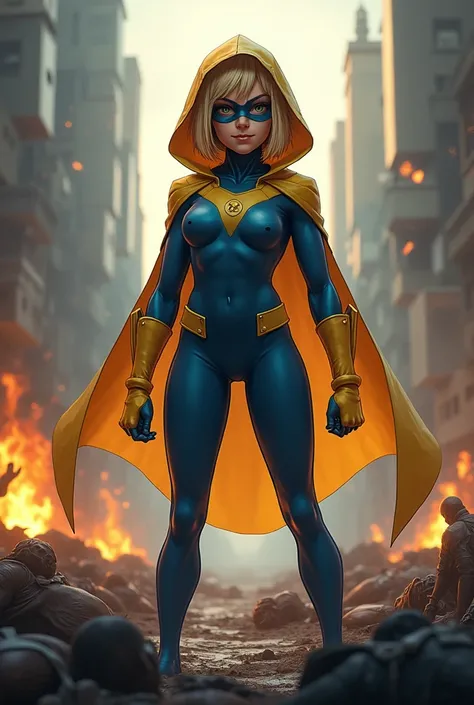 female teen short blonde superheroine wearing hooded blue and yellow leotard with mini skirt costume and eye mask, with fire powers and is standing triumphantly over the body. An happy smirk crosses her lips. Evil wins, lots of dead bodies and destruction....