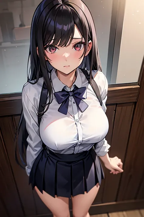 ショートヘア, Partially tied hairstyle, school uniform, White button-up shirt, Checked skirt, Black lace underwear, There are no visible accessories, Are standing, スカートをまくった, Look down, Smooth Skin, Indoor environment, カーテン, Modern furniture, Artificial lighting...