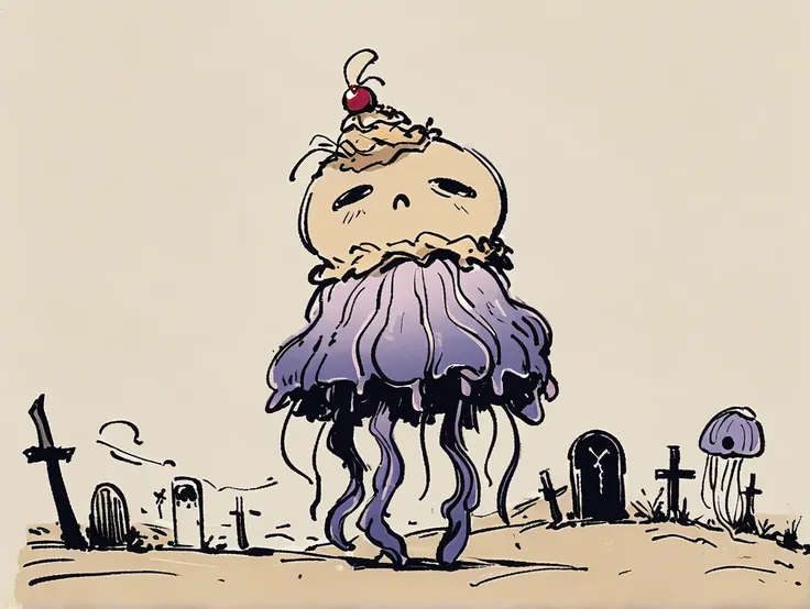 maple parfait monster, circle eye, no humans, jellyfish tentacles legs, graveyard at desert, style of mfkz