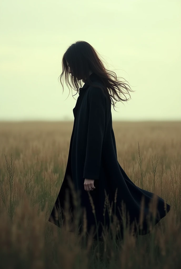 Long hair ruffled by wind, black coat, Standing among tall grasses in a field outdoors, moody atmosphere, soft natural lighting from left, blurred background with pastel sky.