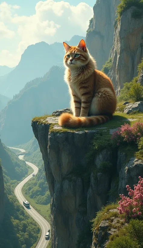 big cute cat is on the high cliff above the bus 