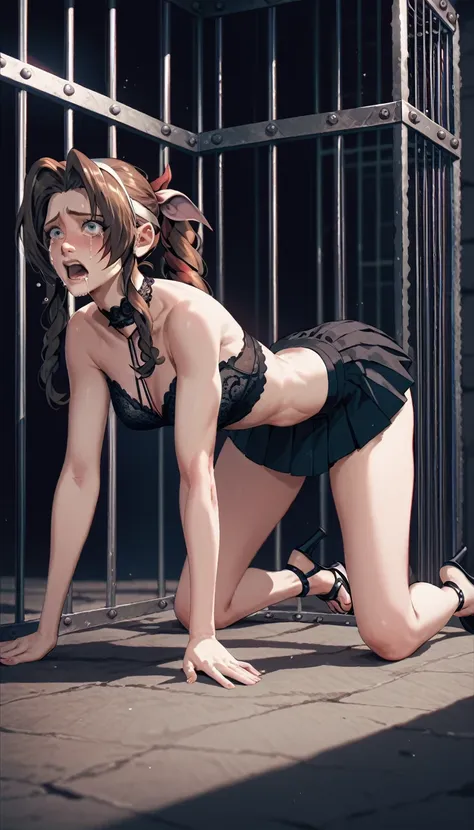 full body, sexy full body shot, side shot, long legs, spreading legs, 1 girl, , cute teen girl, a drunk aerith lying on all four...