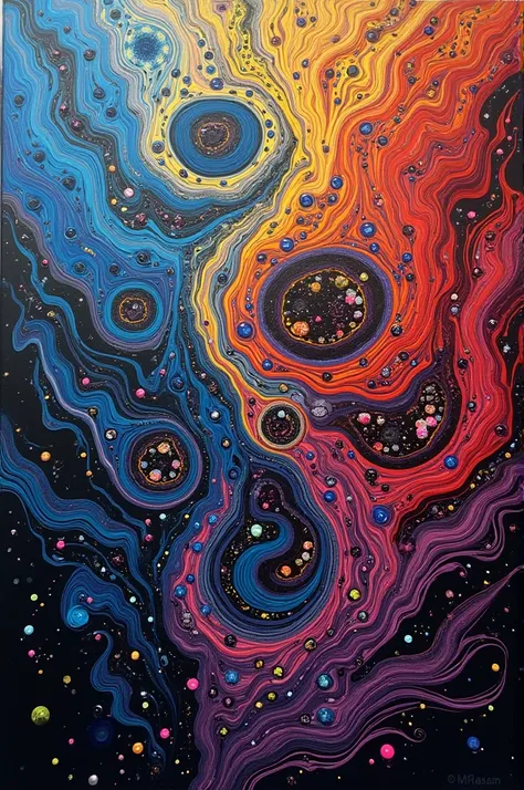 this abstractionism work created using a technique called acrylic pouring or fluid art. This method involves pouring acrylic paints, often mixed with a pouring medium, onto a canvas to create intricate and colorful patterns. The specific design in the imag...