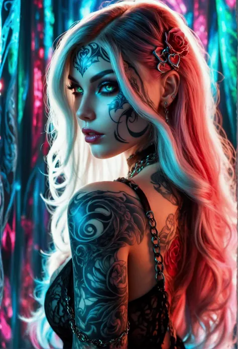 Create a hyper detailed photograph of a perfectly simetrical tattooed curved young sexy female deathknight, Stunningly perfect gorgeous feminine face, perfect makeup, detailed vibrant neon eyes, extremely long hair, Gentle facial curves, Fuller cheek bones...