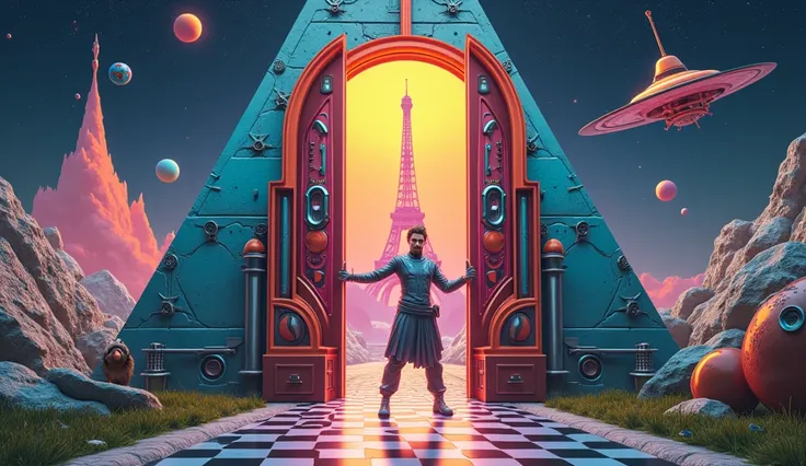 Un homme avec des vêtements futuristes pousse des deux mains des portes futuristes  avec des figures géométriques de couleurs différentes sur la porte et devant lui une pyramide avec de lherbe et des animaux ,le tout ressemblent à la peinture que jai publi...