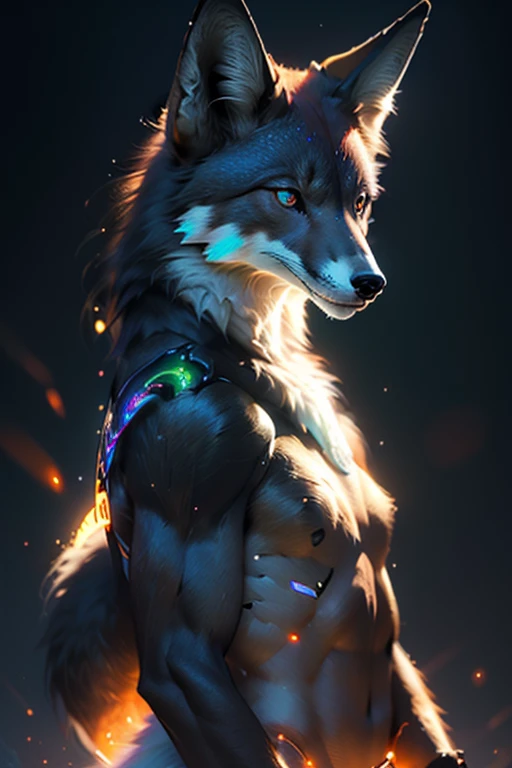 Bright iridescence、Realistically colored anthropomorphic fox，Eyes glow，The tail glows, Super realistic anthropomorphic ethereal fox, Iridescent Digital Fox, Colorful digital fantasy art, Glowing Digital Art, 高度Detailed 4K digital art, 8k stunning art, Beau...