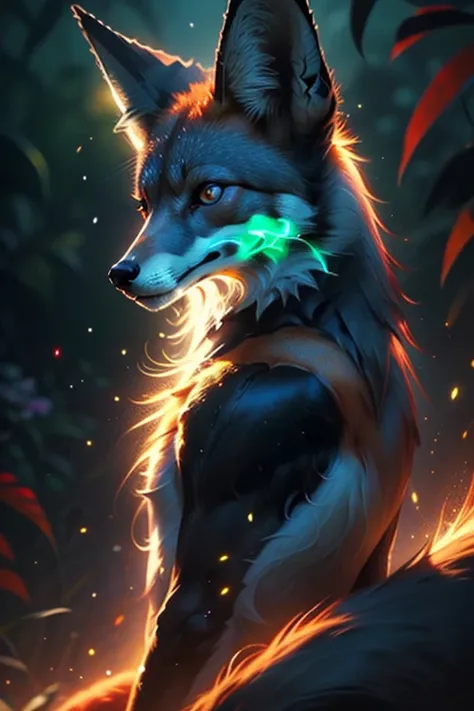 Bright iridescence、Realistically colored anthropomorphic fox，Eyes glow，The tail glows, Super realistic anthropomorphic ethereal fox, Iridescent Digital Fox, Colorful digital fantasy art, Glowing Digital Art, 高度Detailed 4K digital art, 8k stunning art, Beau...