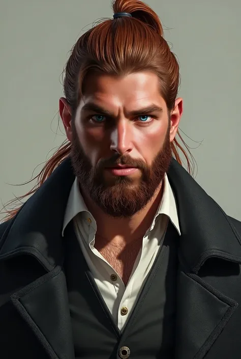 portrait, 40 year old strong man of Arab origin, Undercut, long reddish brown hair, tied in a ponytail, short beard on cheeks and around mouth, green eyes, strong neck, black wool coat, White shirt, black leather vest, stern look