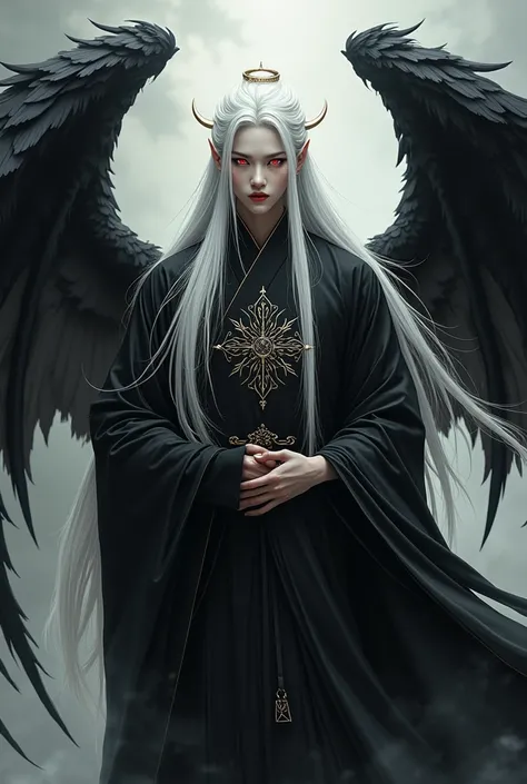 A man wearing a black ancient Chinese god-demon costume, long white hair, red eyes, with black wings on his back, handsome and gentle, no beard, .