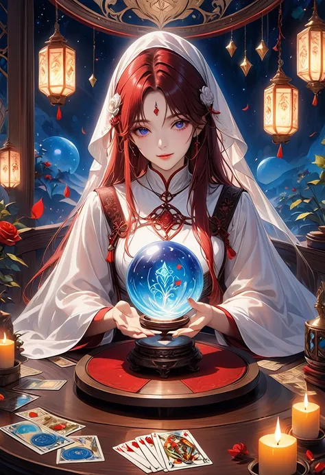 A beautiful and mysterious fortune teller sits in a compact and intriguing setting. The fortune teller is wearing attire primarily in white, with exquisitely detailed and gentle facial features. Her long hair falls gracefully over her shoulders. The backgr...