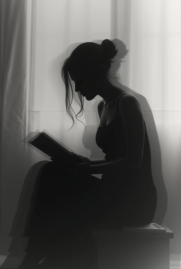 woman, Fragmented,woman, Surreal photography, abstract, sitting, black and white color scheme, abstract form, disintegrated figure, no facial features, grayscale tones, artistic atmosphere, focused pose, reading book, blurred edges, minimalist interior bac...