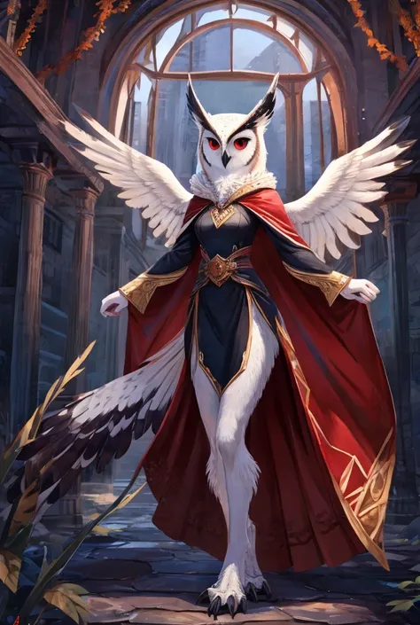  Red Eyes, owl ears, owl features, white feathers, uses wings like cape, talons, sleder legs, slender feathered hands, female, wearing casual black clothes, long tail feathers