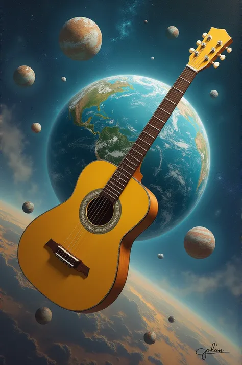 PLANETS GALAXY THE EARTH AND A YELLOW FOLK GUITAR