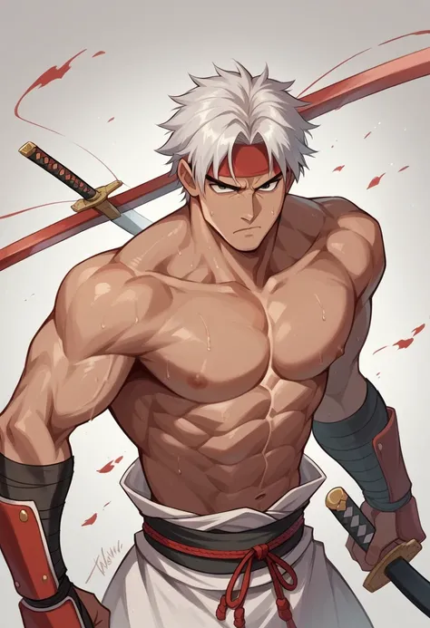 male, medium muscular, puffed chest, shirtless, ((samurai)), beetle, suggestive, serious expression, sword, wearing samurai uniform, sweating, action pose, nsfw, lewd