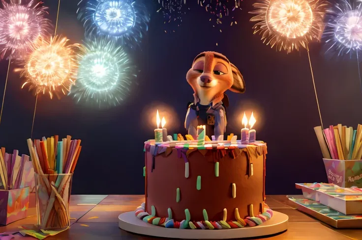 high resolution,8k,Vibrant colors,Official Art,Celebrating a birthday with crackers,nick wilde,judy hoops,Birthday cake,Birthday Party,zootopia,HAPPYBIRTHDAY lettering decoration