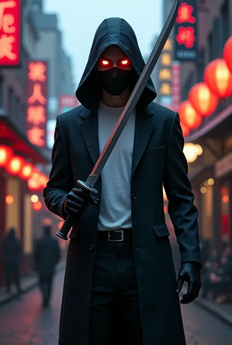 An masked elf wearing suit and tee on a chinatown holding a katana in front of their face with fire sharingan eyes kakashi style the legend of neverland