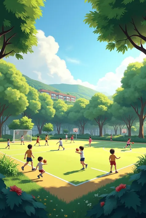 Create a realistic school sports field with trees around it for little kids