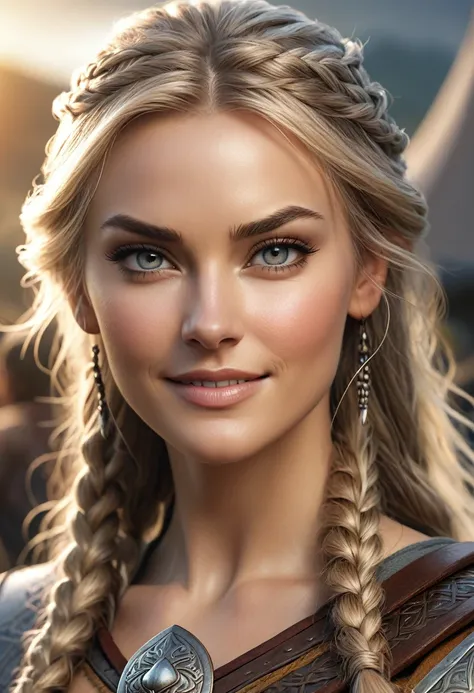 An illustrated poster for the film, beautiful warrior woman, vikings series style, looking ahead at viewer, small smiling, work of art, soft lighting, high qualiy, fully body, meticulously detailed, skin detailed, photorrealistic, fot, waist length hair, A...