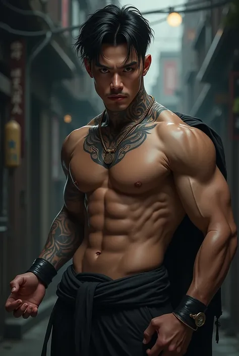 an asian man with black hair, strong arms, and neck tattoo