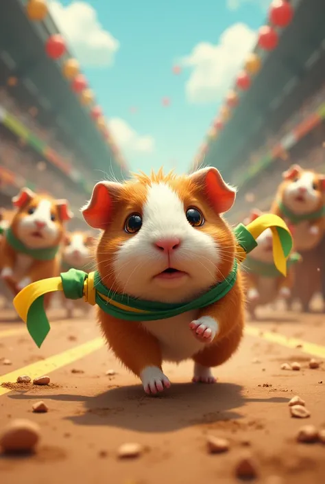 A guinea pig running in a guinea pig race, that behind you you see several fighting for the first place, that the guinea pig is tired and desperate to get to first place, that has a green and yellow ribbon.
Generate a flyer that says "Great guinea pig race...