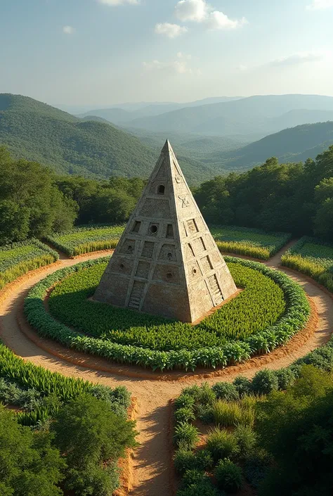 Land art of Zapotec culture, placing a pyramid in the middle of a circle with different elements of the Zapotec culture, such as corn, beans and squash